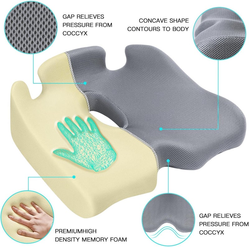 Benazcap Memory Seat Cushion for Office Chair Sciatica & Back Pain Relief Memory Foam Firm Coccyx Pad for Car, Wheelchair, Gaming Chair and Desk Chair, Gray - Image 2
